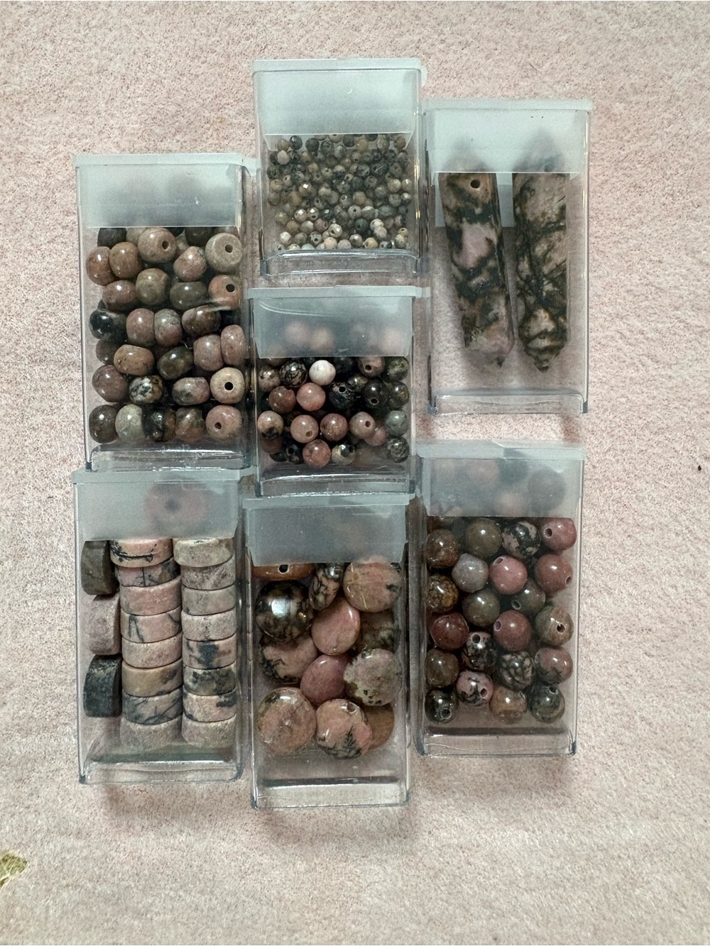"Rhodonite" Double Gemstone Beads of the Month Club lot of 7 tube beads